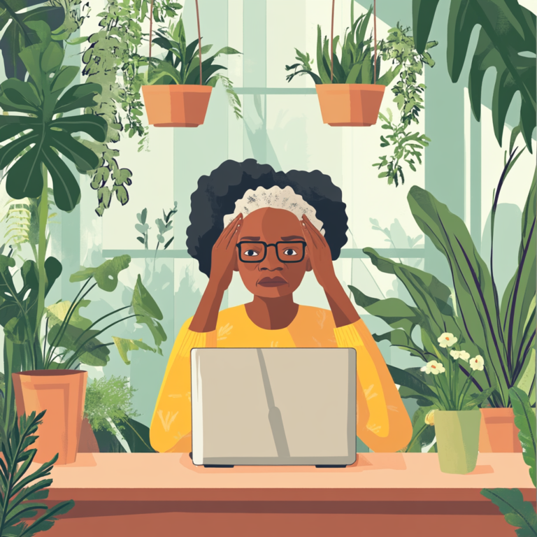 Older Black woman seated at a table with plants all around
