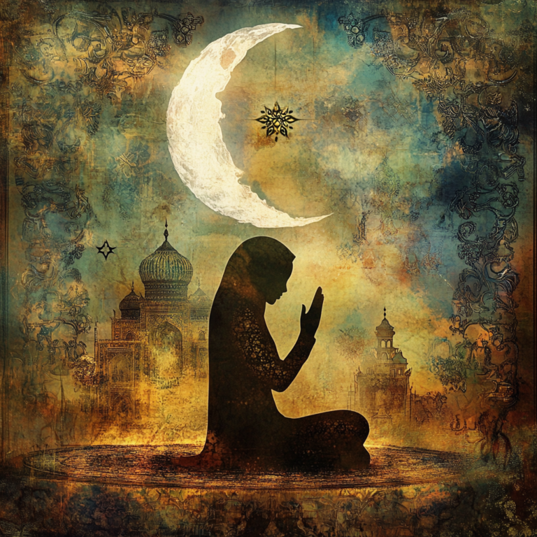 Shadow of a woman kneeling in meditation with uplifted, open palms